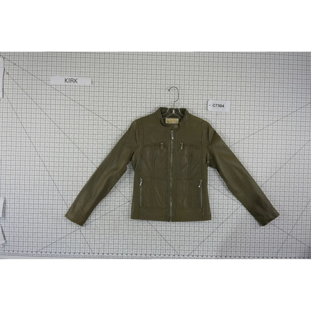 Michael Kors Leather Moto Jacket Women's Size Small Olive Green Biker Coat Lined